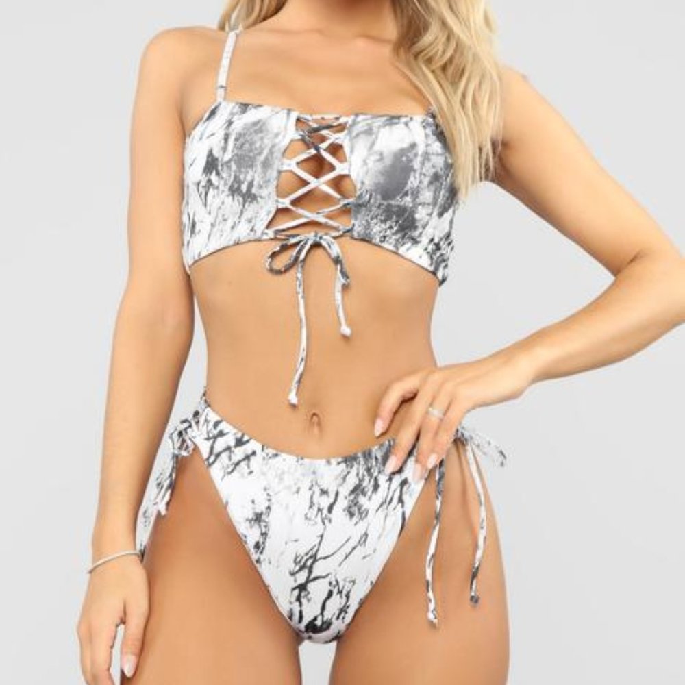 New Marble Black and White 2 Piece Bikini - Med